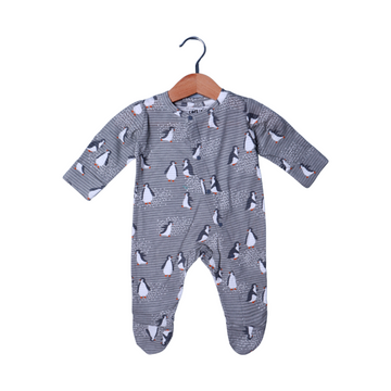 GREY WITH PENGUIN PRINT FULL BODY FULL SLEEVES ROMPERS